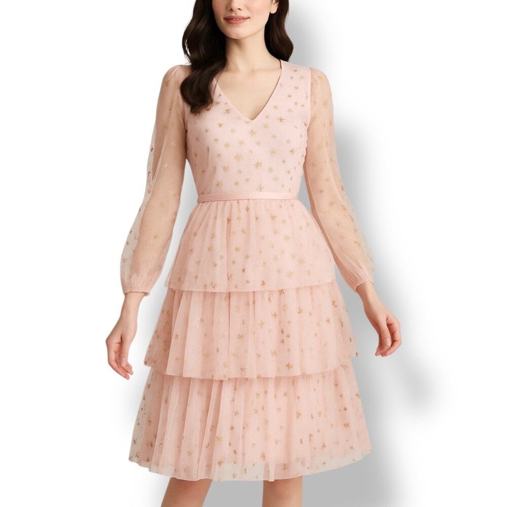 Rachel Parcell Pastel Pink Gold Metallic Glitter Star Tulle Dress Tiered Skirt